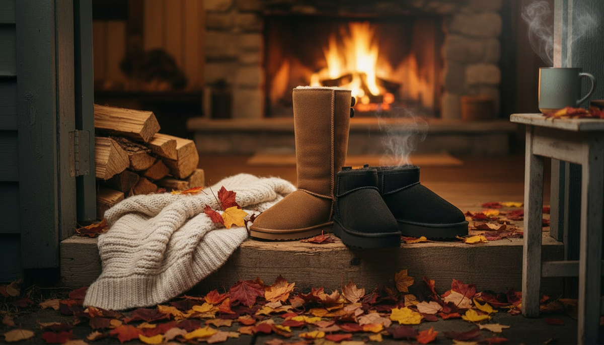 Sheepskin boots by a fireplace with autumn leaves
