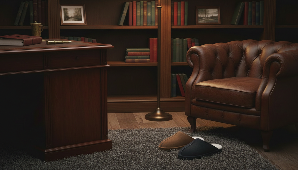 Men's sheepskin slippers in a refined study